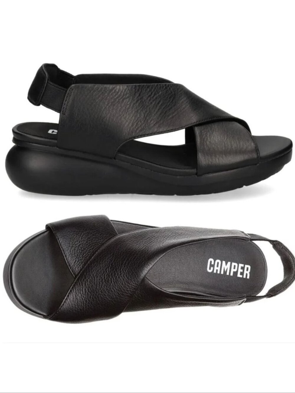 CAMPER Balloon Slingback Wedge SANDALS Size EU 41 US 10 Black Leather NEW